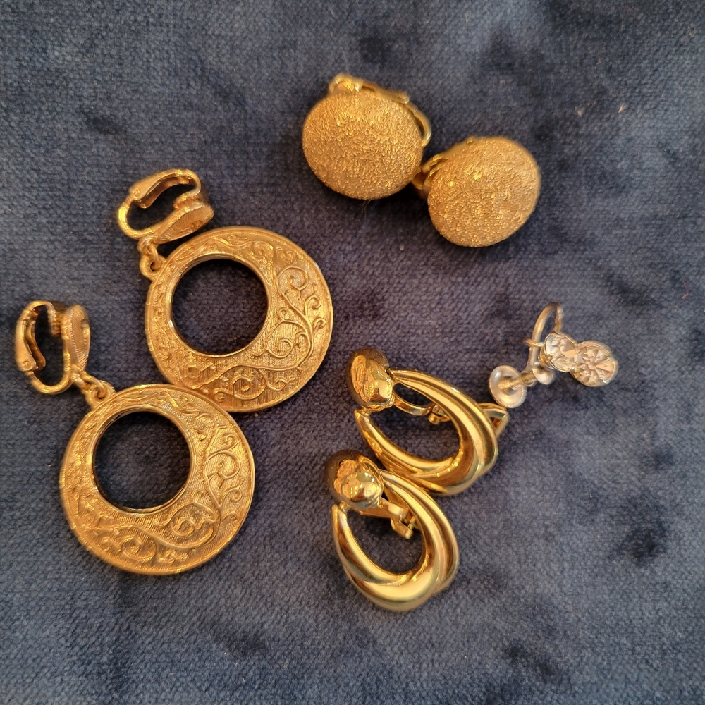 Four Pairs of Clip-On Earrings ~ Gold-Tone ~ Rhinestone ~ Vintage & 1990s